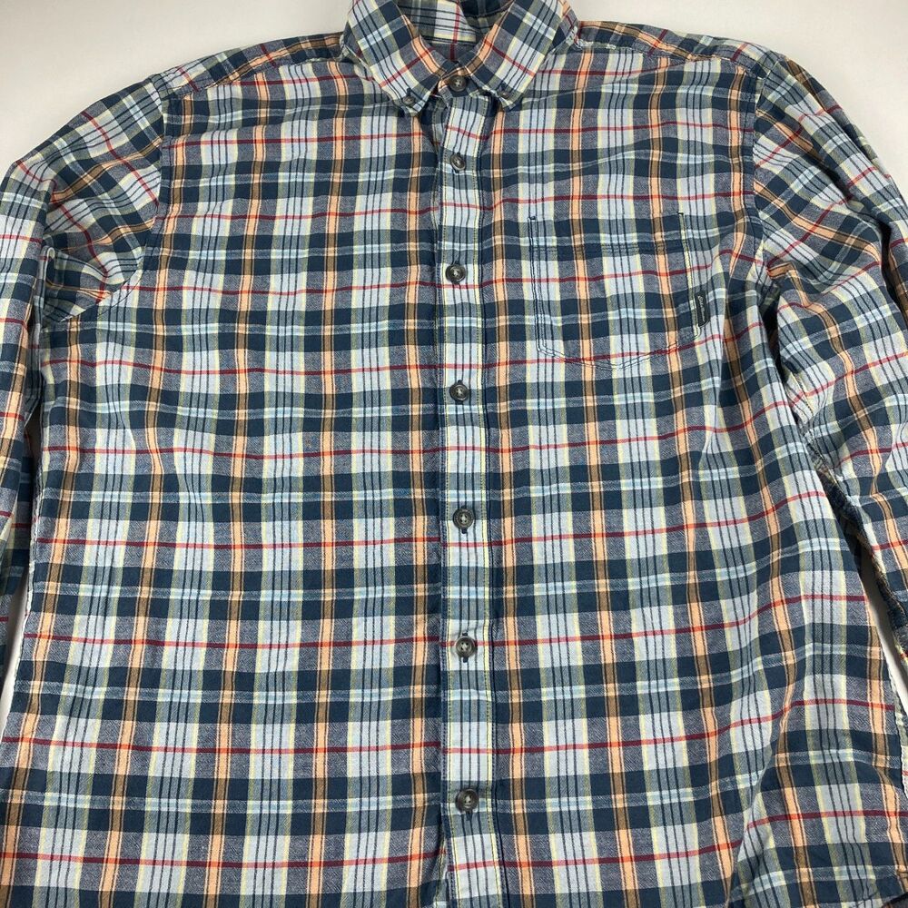 Eddie Bauer Shirt Mens L Plaid 100% Cotton Long Sleeve Button Down Blue Orange